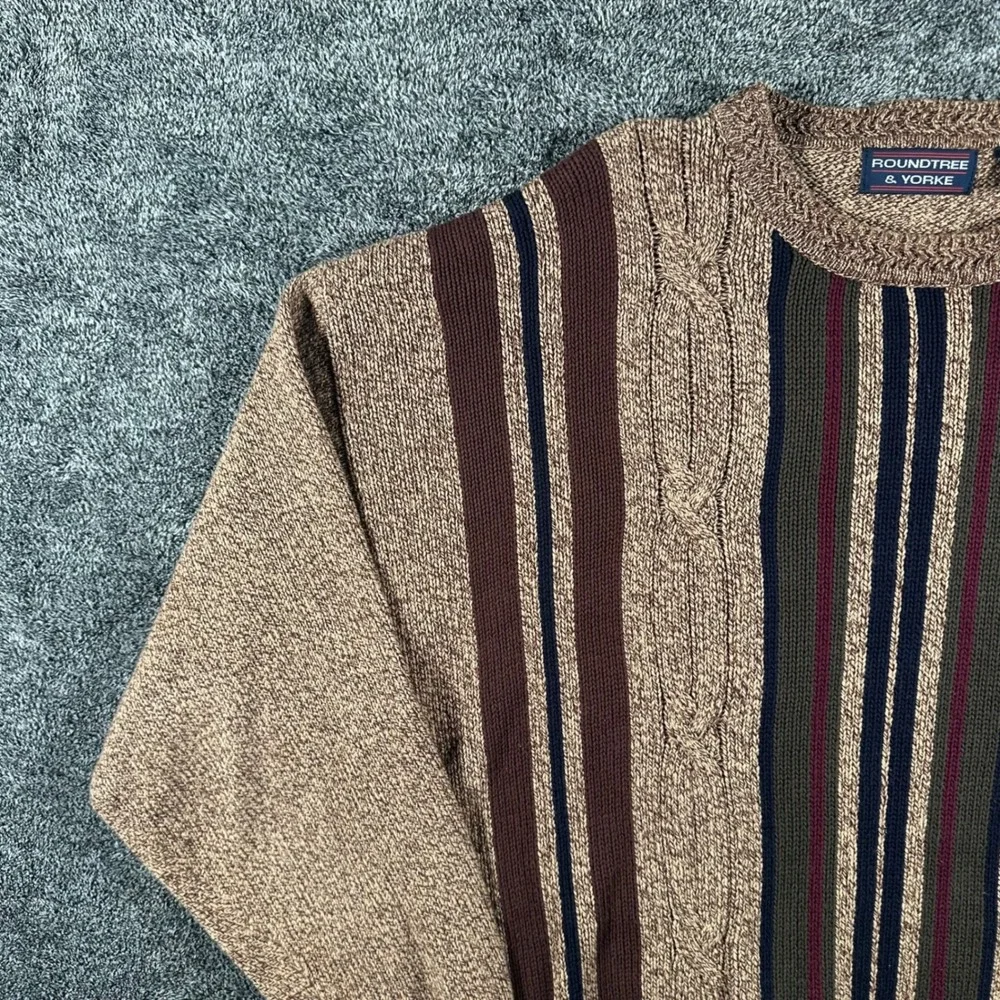 Roundtree & Yorke Knit Sweater Mens XL Brown Tan Cotton Striped Cable Crewneck